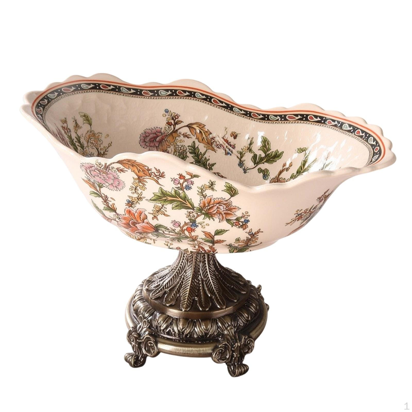 Fruit Bowl with Pedestal Ceramic Floral Dish for Dining Table, Sideboard, Living