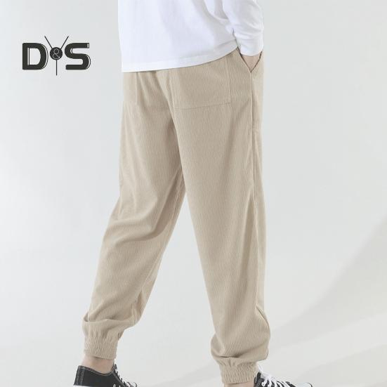 Pánské jarní podzimní kalhoty s bočními kapsami stahovací šňůrka v pase rovná noha tlustá manšestrová jednobarevná volné sportovní kalhoty