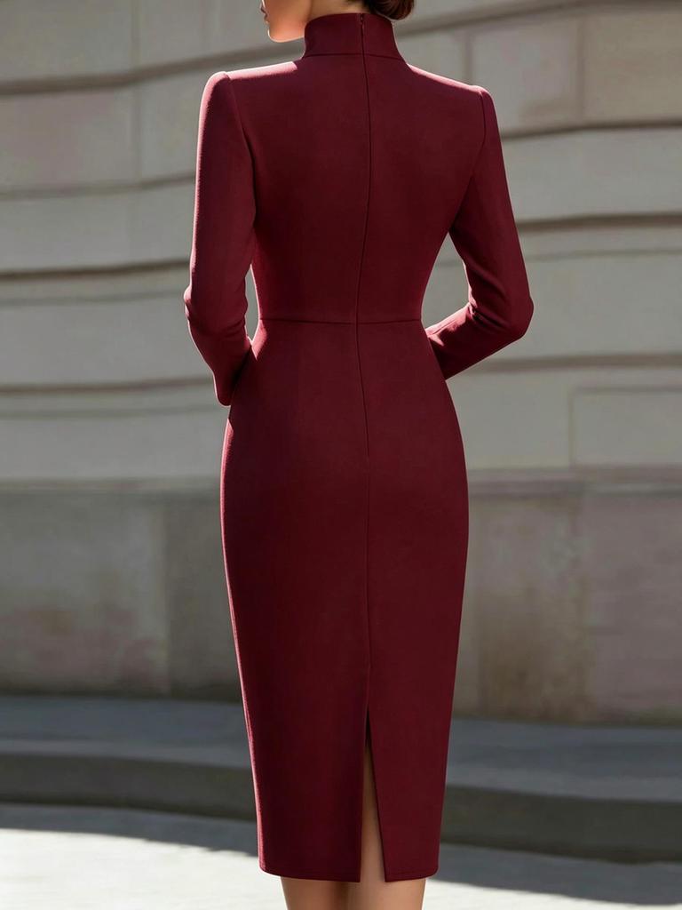 Elegant European & American Style Stand Collar Long Sleeve Bodycon Dress for Women - Slim Fit, Mid-Length, Formal Wear