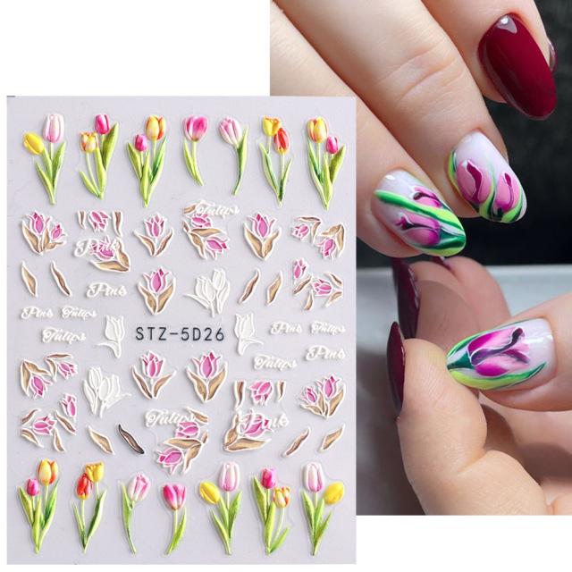 3D Floral Nail Art Stickers: Camellia & Tulip Embossed Adhesive Designs