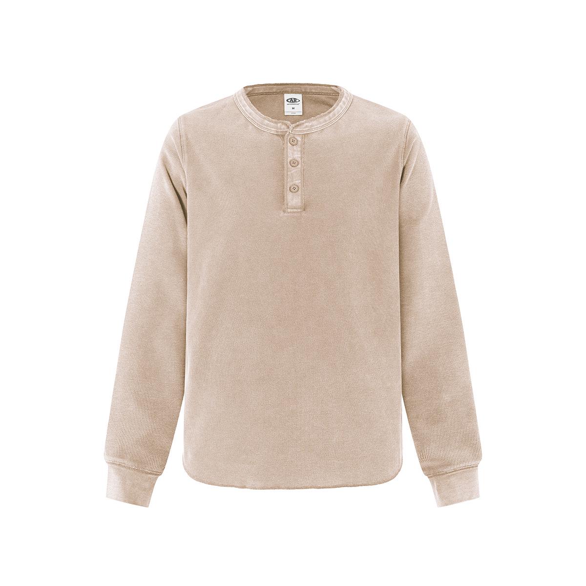 2025 Men s Autumn Batik Washed Henley Collar Waffle Weave Long Sleeve Button T-shirt Large