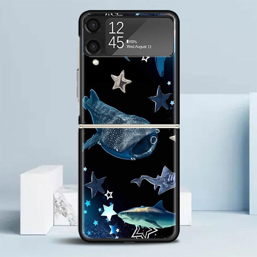 Ocean Whale Shark Black Cover for Samsung Galaxy Z Flip 7 6 5 4 3 5G Phone Case Flip7 Flip6 Flip5 Flip4 Flip3 Pattern Case Galax