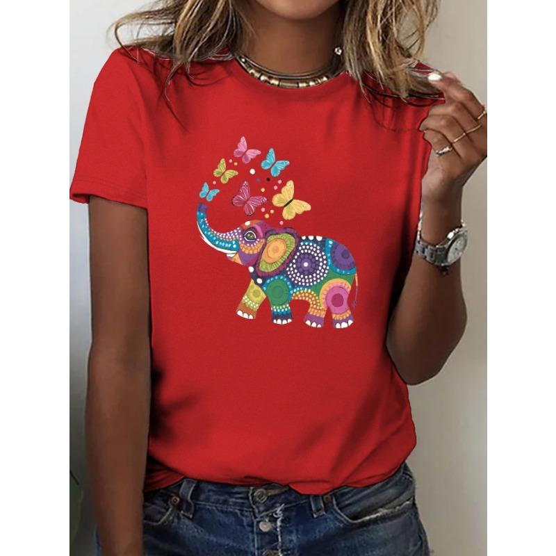 Soft and Comfortable Women's T-shirt with Short Sleeves, Round Neck, Casual Style, and Vibrant Elephant and Butterfly Patterns.