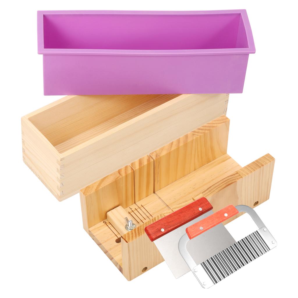 Silicone Soap Molds Kit Wood Box Soap Mold Set DIY Soap Making Mold with Stainless Steel Wavy Straight Scraper for Home Handmade