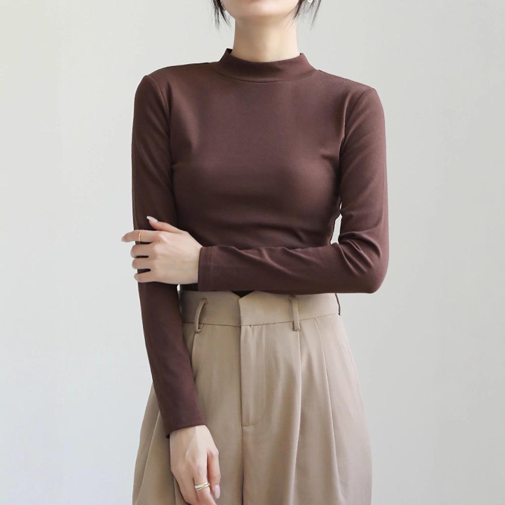 Women's Slim-Fit Stand Collar Long-Sleeve Fleece Base Layer Top - White, Ideal for Autumn and Winter Layering.
