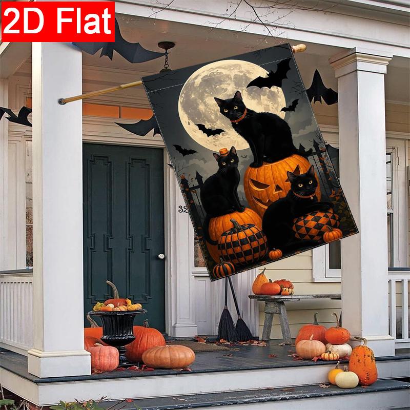 2D Flat, 2D Flat,Moon Night Three Black Cats Pumpkin Halloween Garden Flag- Outdoor Garden Flag Double-sided Home Decoration Courtyard Decoration Outd