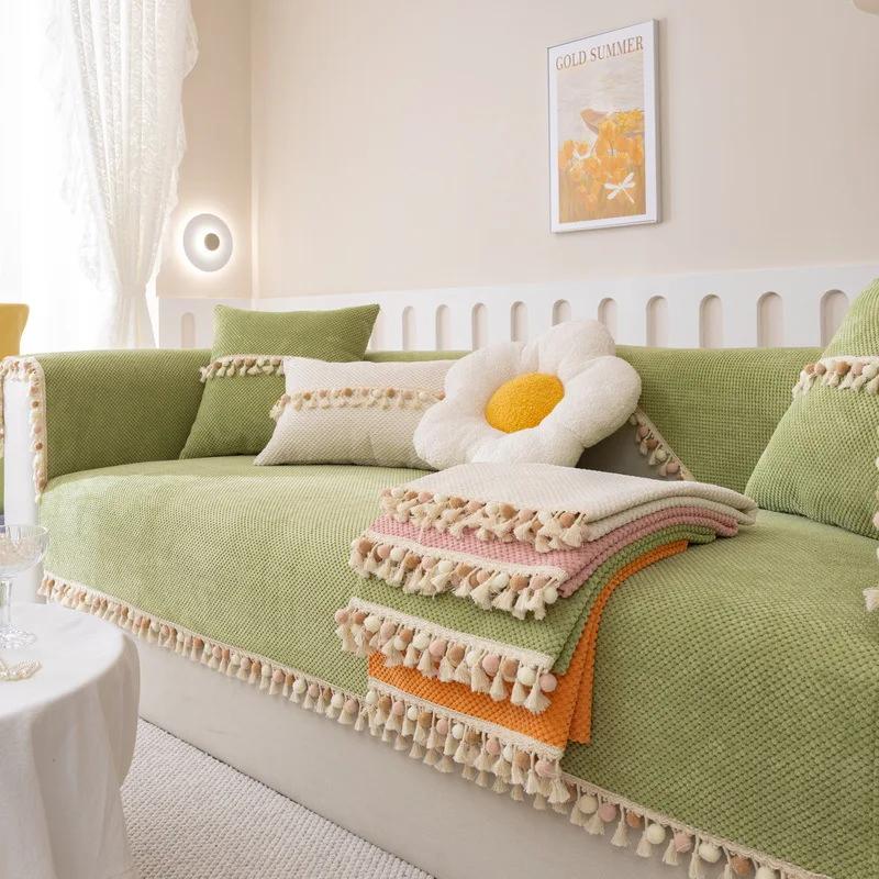 New Corduroy Braid Sofa Cushion Four Seasons Universal Tassel Ball Simplicity Non-slip Sofa Cover Cushion Solid Color Sofa Cover