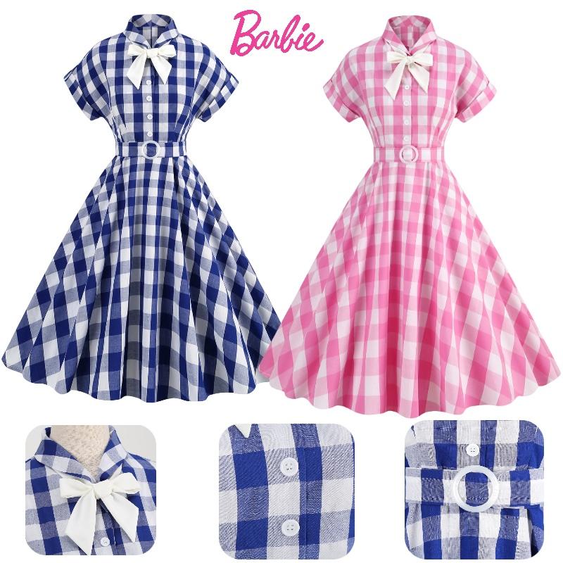 Vintage Barbie Pink Checkered Dress With Butterfly Bow-tie Collar