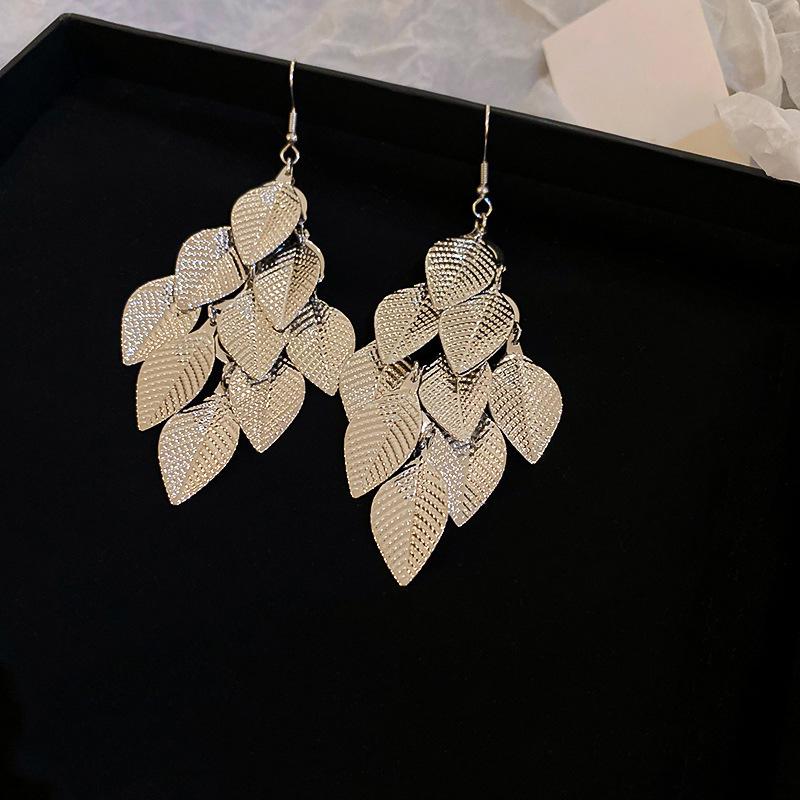 

Metallic texture leaf sequins fringed ear hook earrings personality temperament earrings