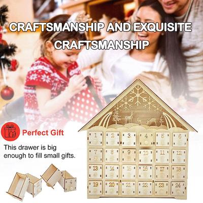 2025 Holz-Weihnachtshaus Adventskalender Geschenkbox mit 24 Schubladen Heim-Schreibtischdekoration Warmer LED Countdown Adventskalender