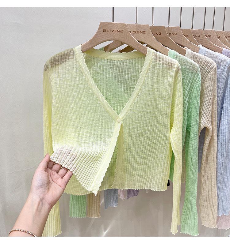 Svart Kofta med Lång Ärm i Is-Silke: Lättstickad sommartopp, Luftkonditioneringsskjorta, Solskyddssjal för kvinnor.