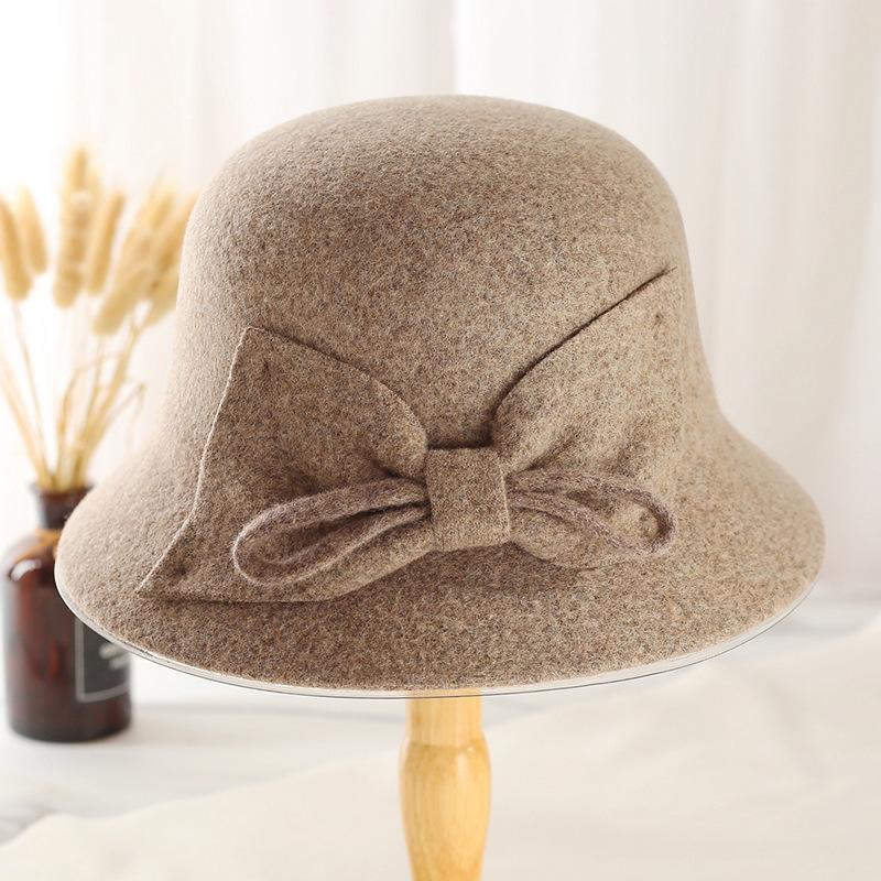 Nowy jesienno-zimowy kapelusz rybacki dla starszych kobiet, dekoracja z węzłem liściowym, damski brytyjski gruby ciepły wełniany kapelusz garnkowy