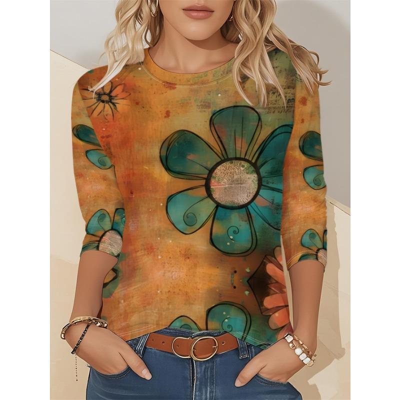 Artistic Landscape Painting Pattern, Slim Fit, Casual Round Neck, Long Sleeves, Everyday Creative Oil Painting Design Pattern.