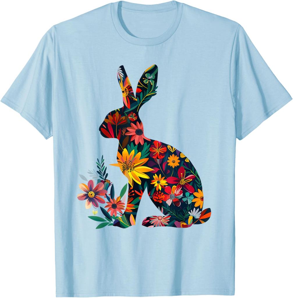 Floral Bunny Rabbit Silhouette T-Shirt Spring Easter Holiday Graphic Tee Casual Short Sleeve