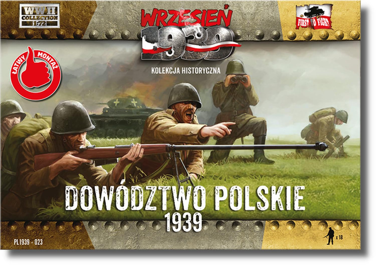 

FTF Масштаб 1/72 Польська піхота (18 Фігур) з Офіцером, Протитанковою гвинтівкою та Мінометом, Пластиковий Набір Моделі PF72023 (Персонал)