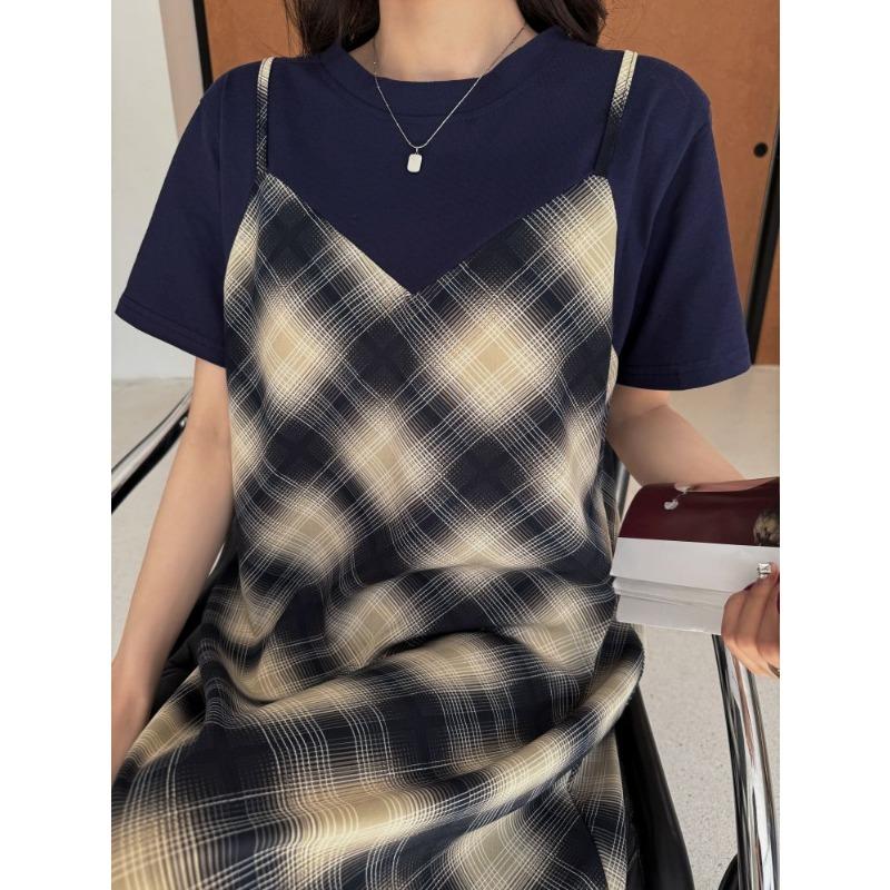 DIMANAF Women 2025 New Summer Plus Size Casual Plaid Short Sleeve Dress Basic Loose Long Dress Maxi