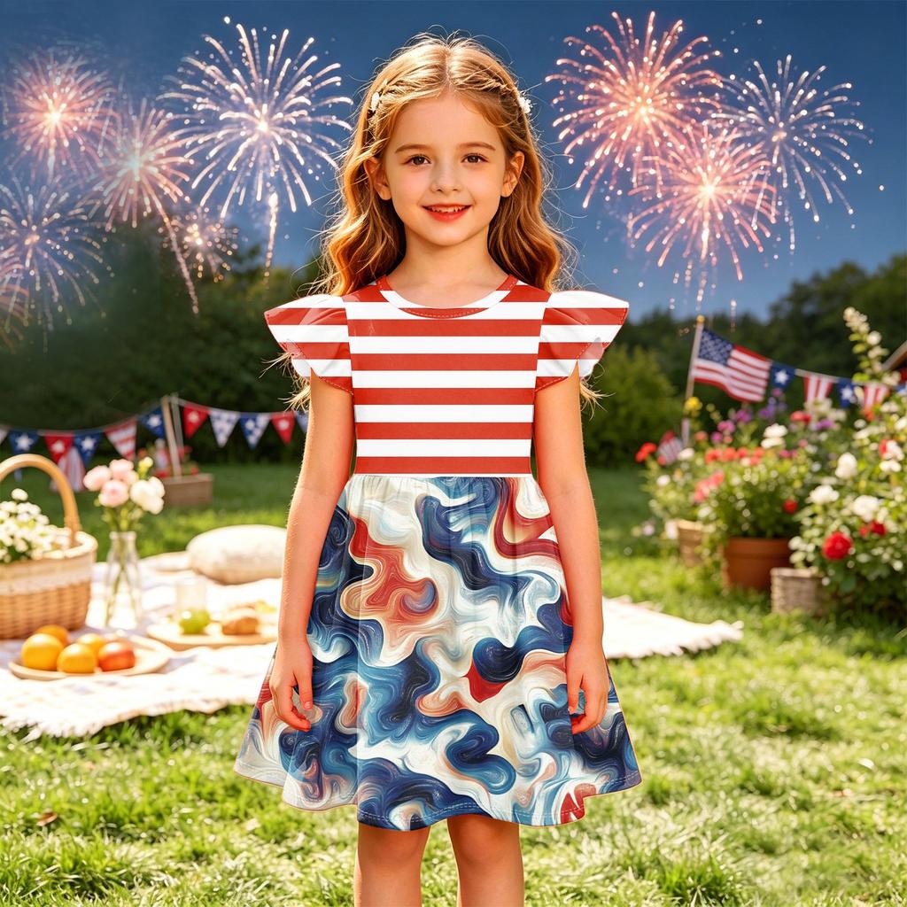 Girls' Summer Princess Dress - A-Line T-Shirt Dress Independence Day