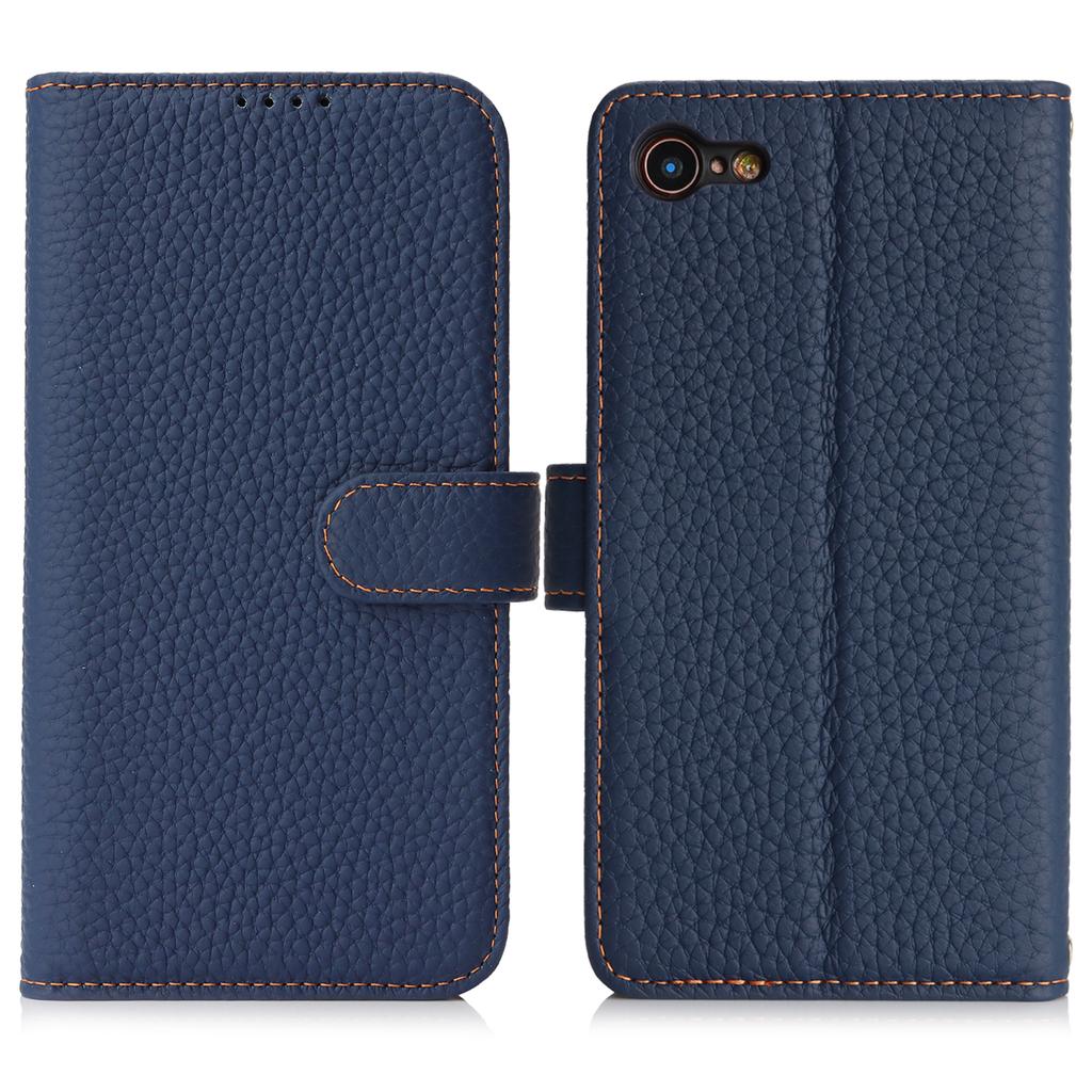 For iPhone SE (2022)/(2020)/8/7 Stand Case Litchi Texture Genuine Cow Leather Wallet Phone Cover RFID Blocking
