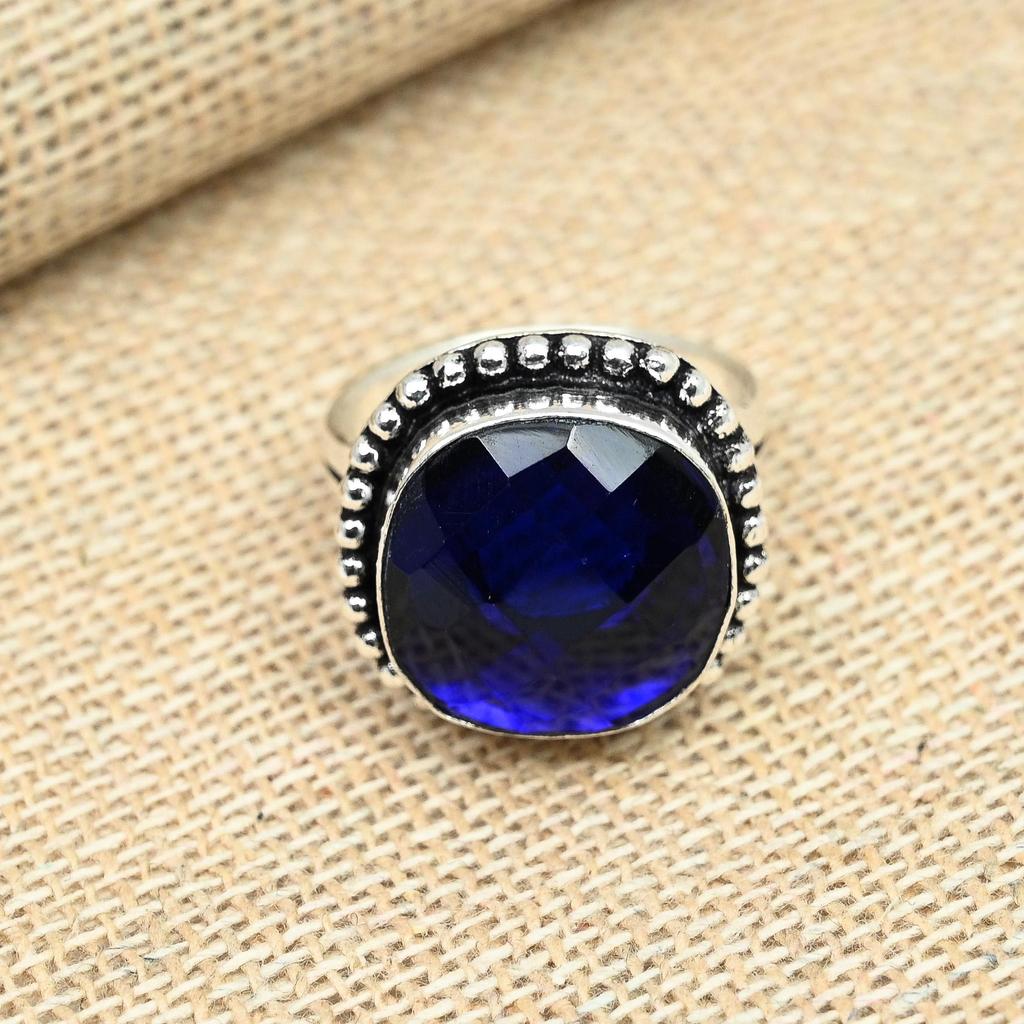 Blue Sapphire Gemstone Lab-Created 925Sterling Silver Handmade Designer Stone Ring Jewelry