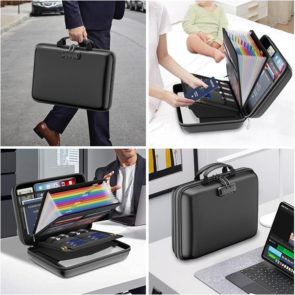 Fireproof File Organizer with Lock, Hard-Shell Case Fireproof Document Box with 13 Accordion File Folder, for Important