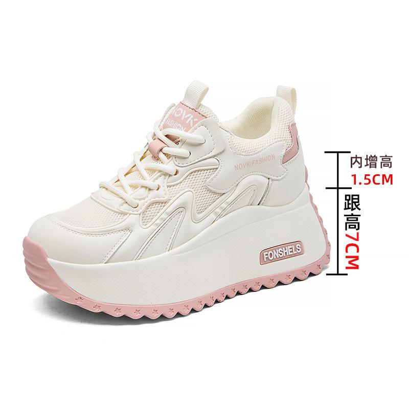 

Мода 2025 Весна Новые Повышающие Дышащая Сетка Женская Обувь Платформа Кожа Женские Повседневные Туфли Модные Универсальные Кроссовки на Платформе 40 розовый