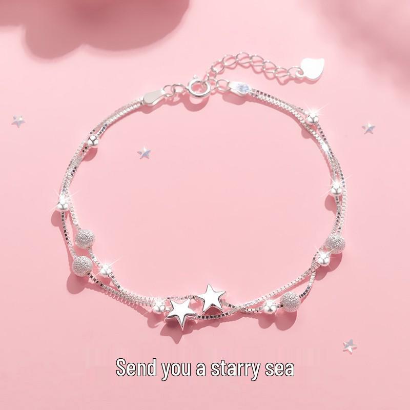 S925 Silver Double-Layer Star Frosted Bead Bracelet for Women - Simple Jewelry Gift for Christmas or Valentine's Day