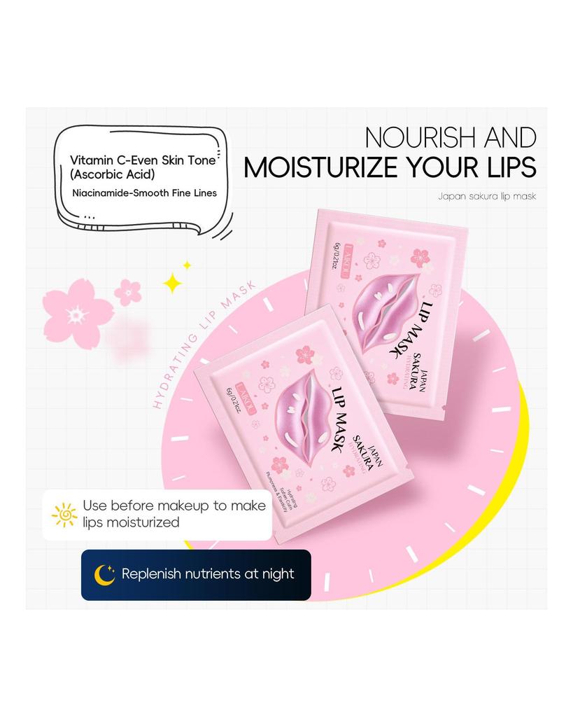 LAIKOU Kirschblüten-Lippenmaske, 6 g, 5 Stück, feuchtigkeitsspendende Feuchtigkeitscreme, befeuchtet die Lippen