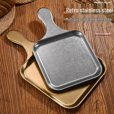 Retro Korean Style Square Stainless Steel Snack & Steak Plate with Handle - Gold Flat Bottom BBQ Tray