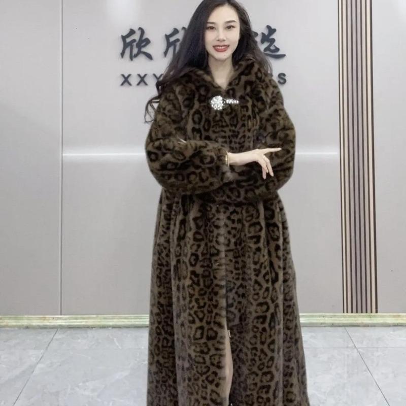 Autumn and Winter New Hooded Hairy Imitation Mink Fur Leopard Print Extended Loose Coat