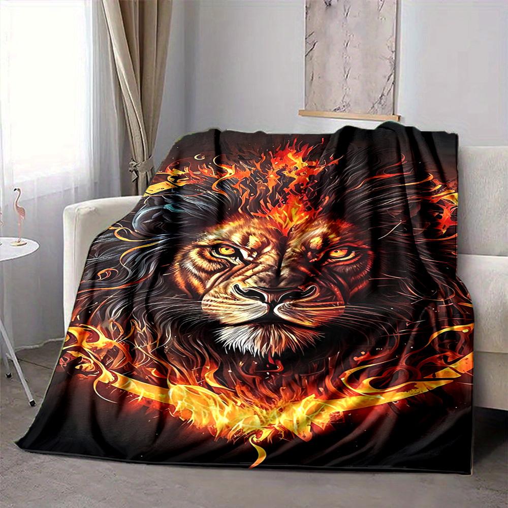 1pc Flame Lion Print Blanket - Lightweight Flannel Throw Blanket For Sofa, Bed, Living Room, Office, Outdoor Travel, Camping, Soft All-Season113