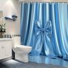 Elegant Light Blue Satin Bow Shower Curtain - Glossy Polyester Fabric, Machine Washable, Fashionable Bathroom Decor, 12 Hooks