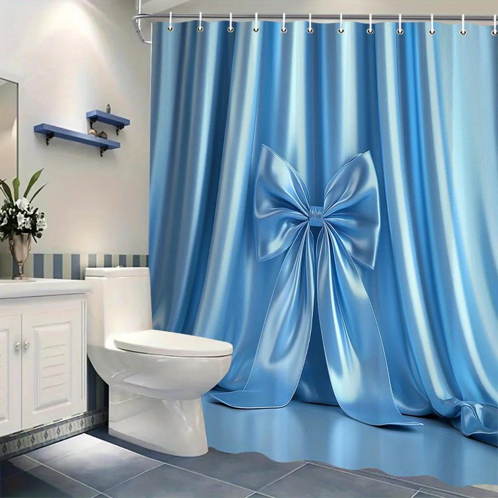 Elegant Light Blue Satin Bow Shower Curtain - Glossy Polyester Fabric, Machine Washable, Fashionable Bathroom Decor, 12 Hooks