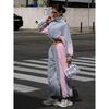 Womens Velvet Color Block Tracksuit Stand Collar Zip Crop Top Wide Leg Pants Two Piece Set