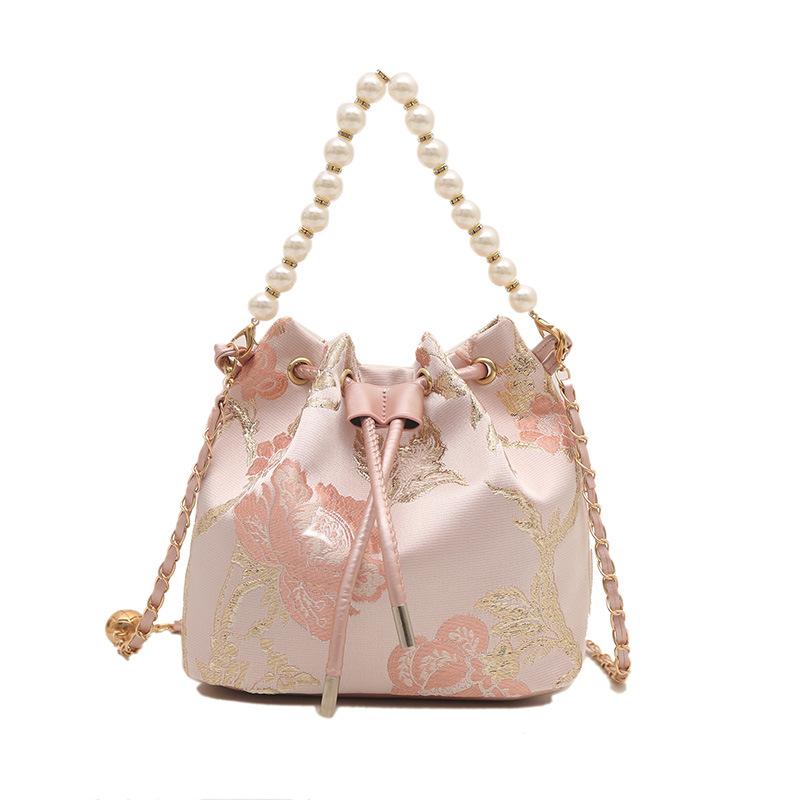 Large Capacity Pearl Feeling Pumping Belt Trendy Wind Crossbody Portable Bucket Women's Bag