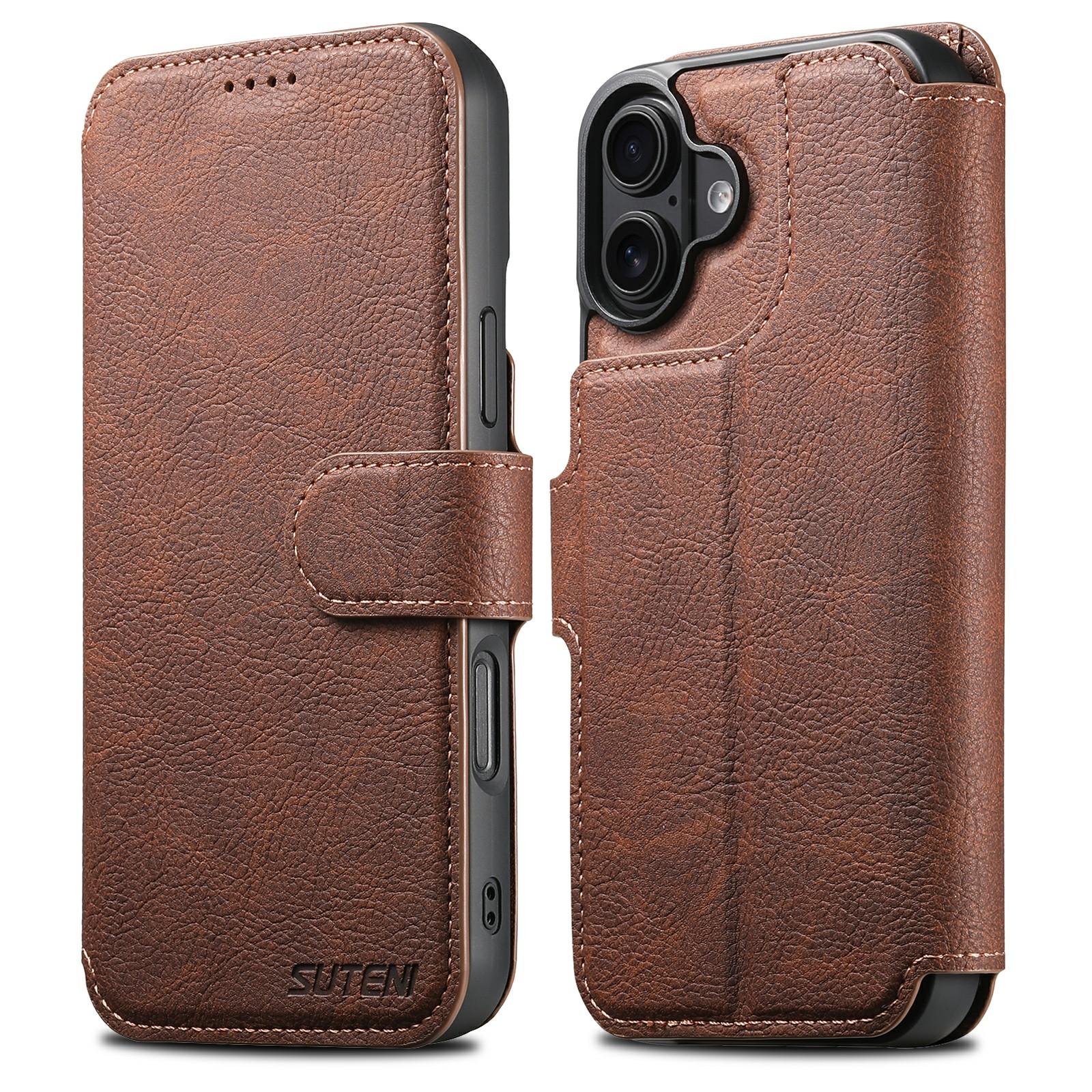 

SUTENI Q-05 For iPhone 17 Case Detachable Wallet Stand Litchi Texture Leather Flip Phone Cover Brown