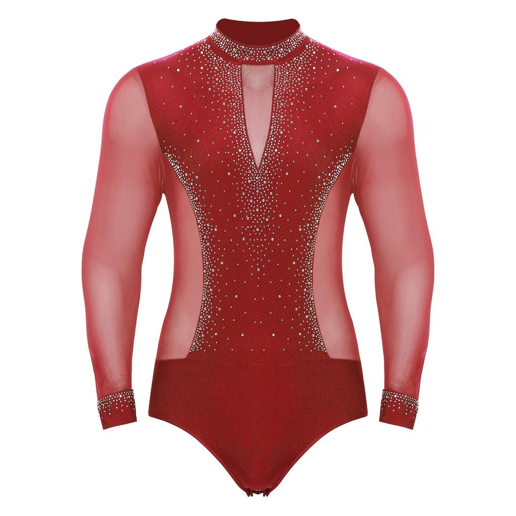 Mens Figure Skating Bodysuit Mock Neck Long Sleeve Sheer Mesh Patchwork Colorful Rhinestones Latin Dance Leotard