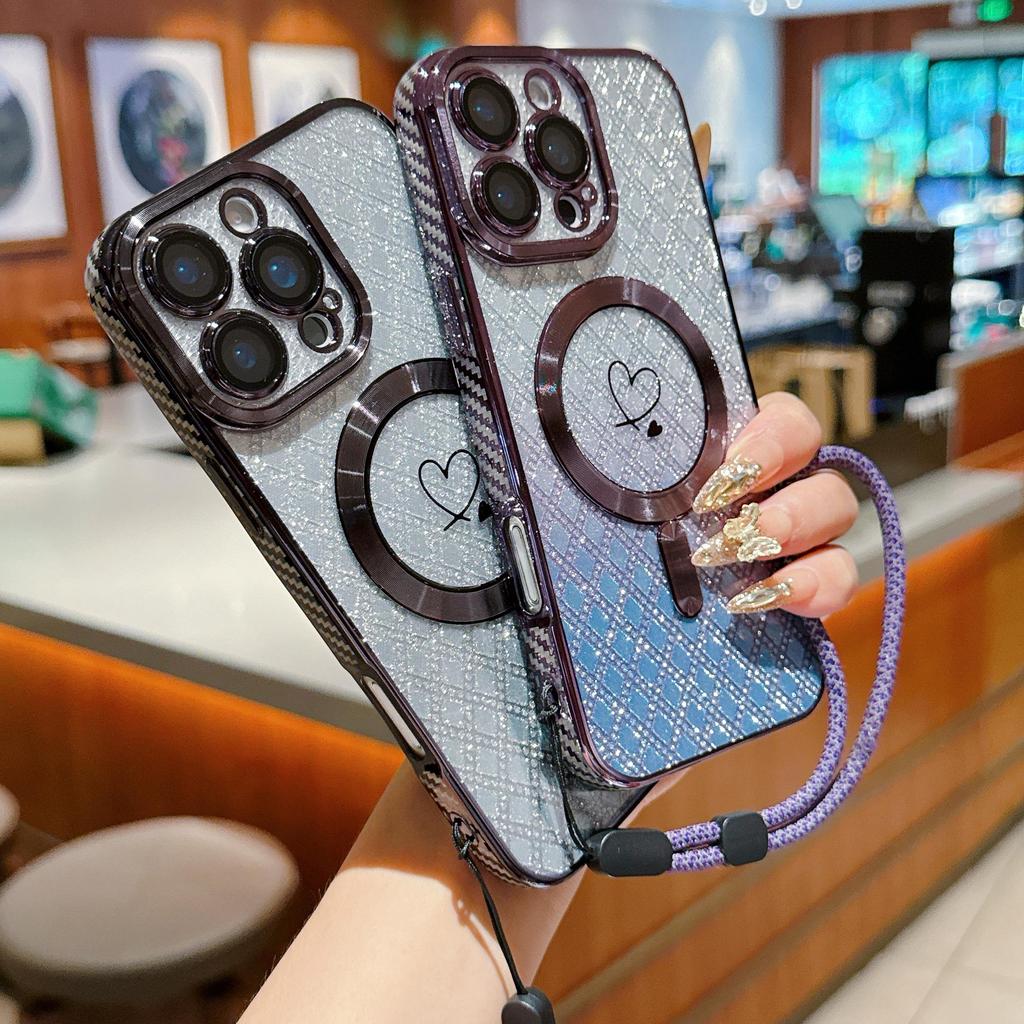Lanyard Magnetic Gradient Color Glitter Bling Camera Lens Protect Bumper Phone Case For iPhone 17 Air 16 15 Pro Max Samsung S25 S24 Protective Cover