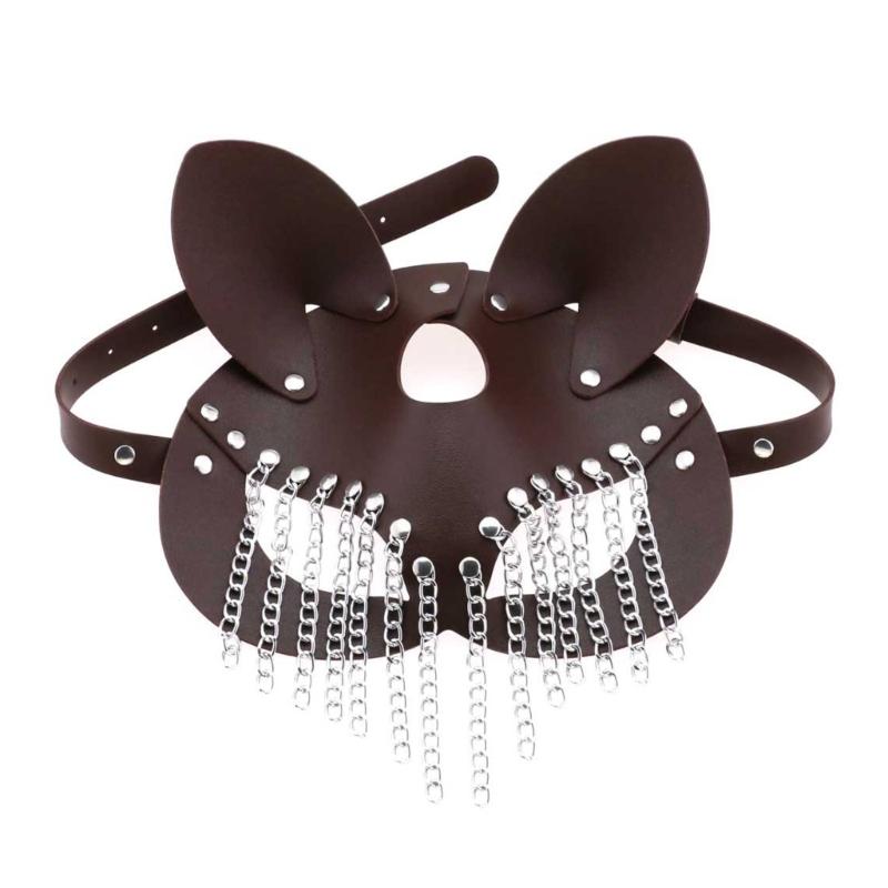 PU Leather Cat Mask with Chain Tassels for Women Men Costume Cosplay Halloween Mask Mysterious Half Face Punk Mask темно-коричневого