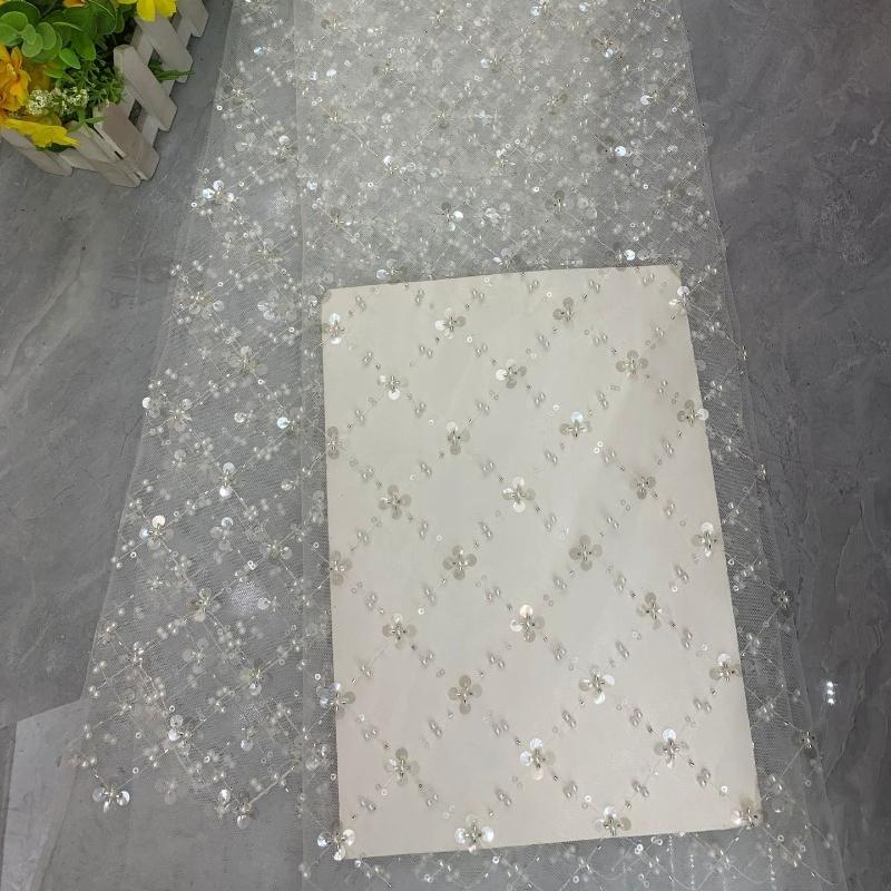 Square Sequins Organza Lace Fabric 1/3/5Yard French Luxury Beads Lace Nigerian Sequins Tulle Lace Fabric for Wedding Party Dress