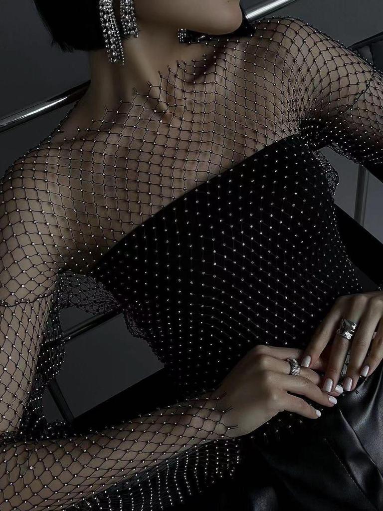 Europäisches & Amerikanisches High-End Mesh Strass Damen Langarmtop