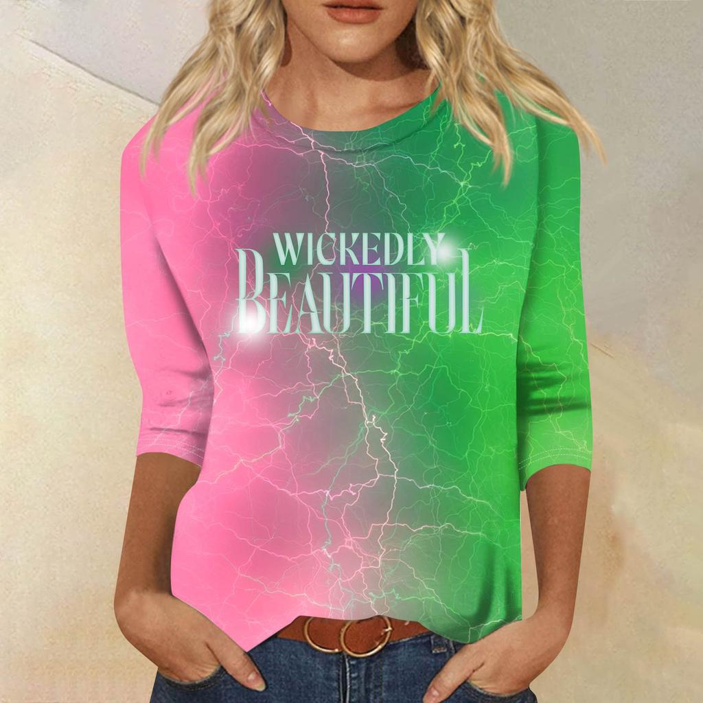 Women's Fashionable Casual Three-Quarter Sleeve Printed Round Neck Top