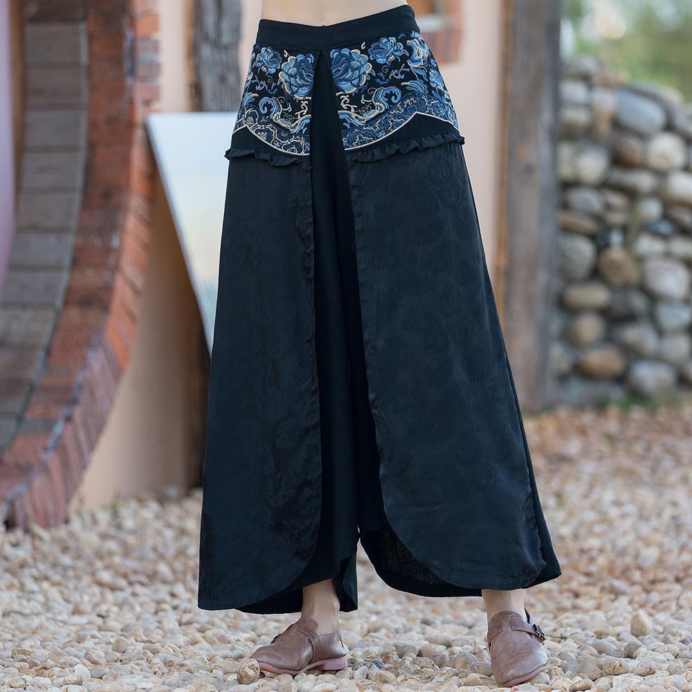 

Women s Retro Chinese Embroidered Wide-Leg Pants One Size
