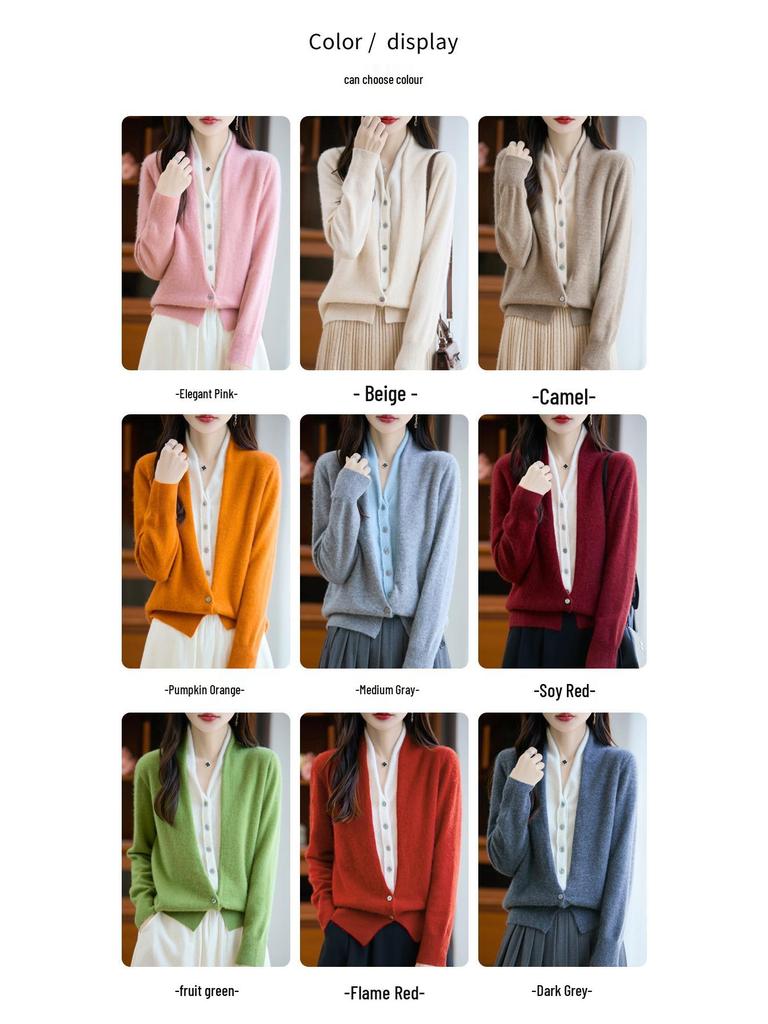 V Yaka Renk Bloklu %100 Yün Örgü Hırka - Sonbahar & Kış İki Parçalı Fransız Günlük Kazak Ceket