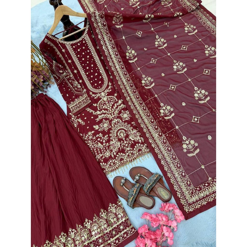 *Launching New  Đěsigner Party Wear Look Pur Heavy Faux Georgette Top Plazzo & Dupatta Set