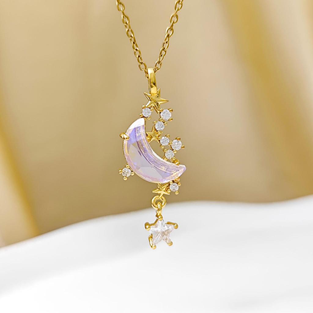 Light Luxury Moon & Meteor Necklace - Micro-inlaid Copper & Titanium Steel Pendant for Women, Versatile Fashion Clavicle Chain Jewelry.