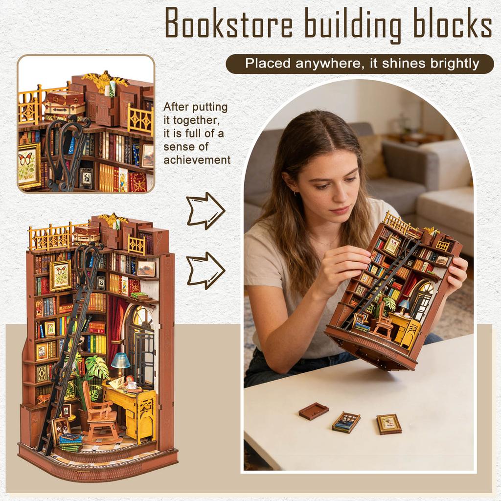DIY Book Corner Set: A Quiet Corner Study Space With 3D Puzzle- English Bookends And Bookshelves.