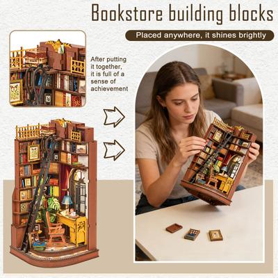 DIY sada koutek pro knihu: Tichý koutek pro studium s 3D puzzle - Anglické zarážky na knihy a knihovny.