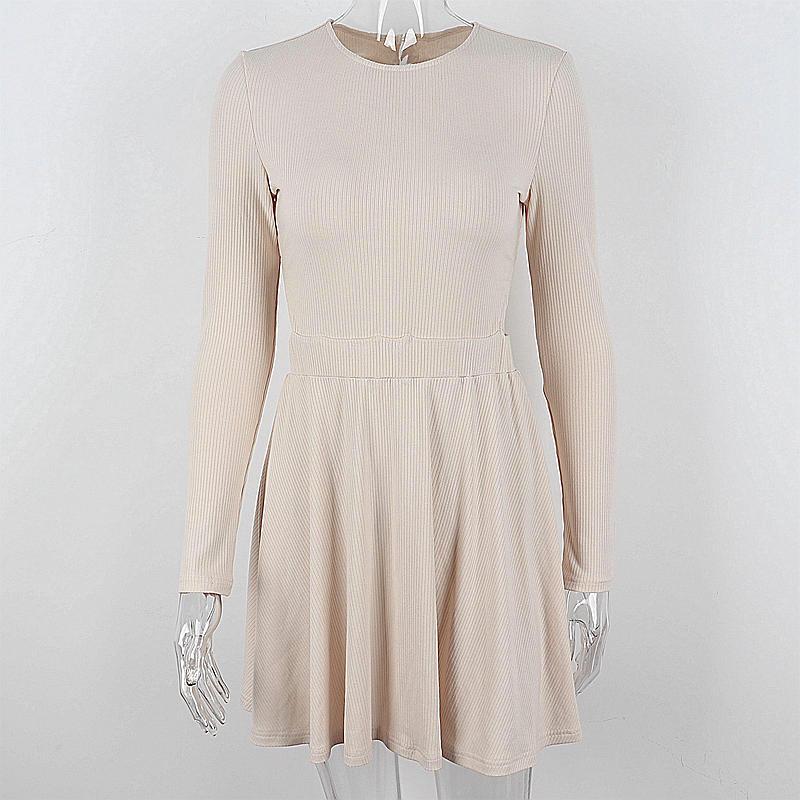 Women's Solid Long Sleeve Slim Mini Dresses Autumn New O-neck Hollow Out Pleated A-line Dress Ladies Sexy Vestidos