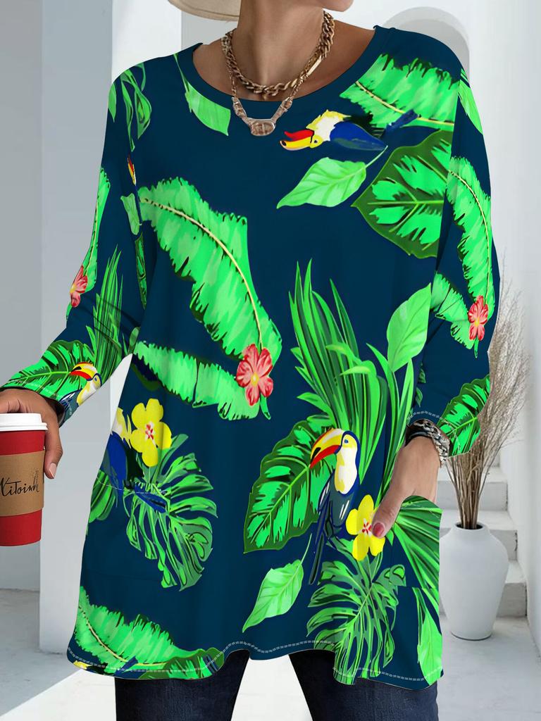 Women's Plus Size Pocket Rainforest Print Loose Long Sleeve T-Shirt