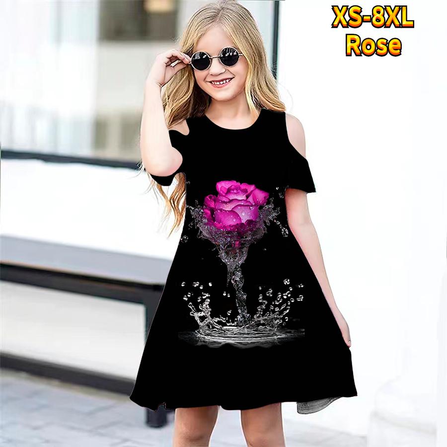 Girls Floral Flowers In the Water Print Dresses Kids Girl Party Off Shoulder Dress Princess Dress Short Sleeved Dress For Girl Over 4 Years